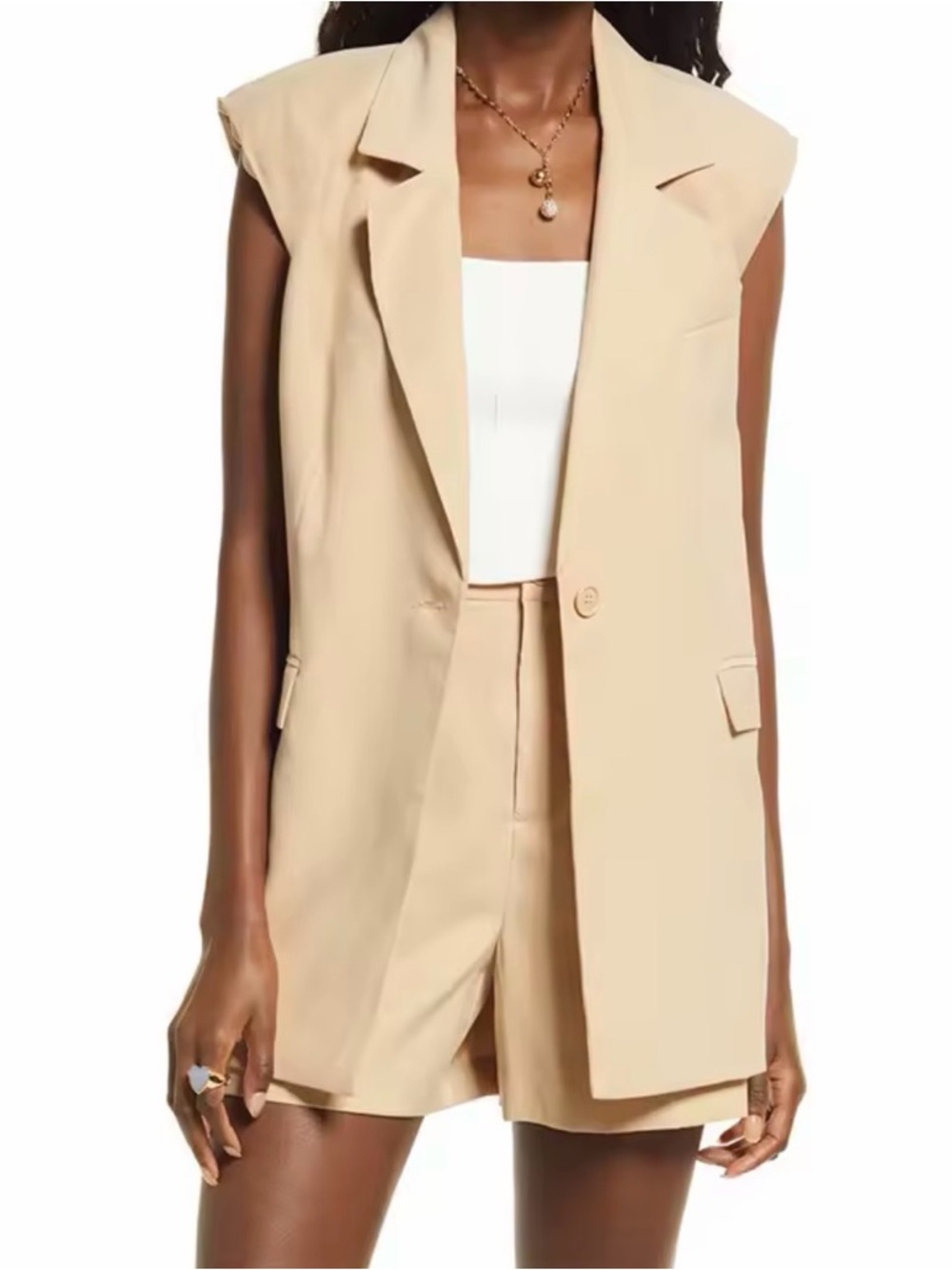 Beige Sleeveless Blazer & Shorts Set